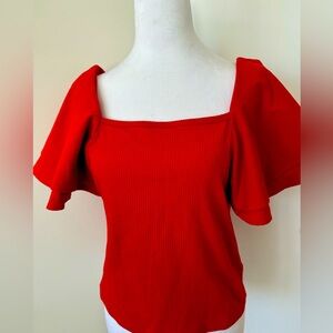 H&M Red Ribbed Flutter Sleeve Top - Feminine and Stylish